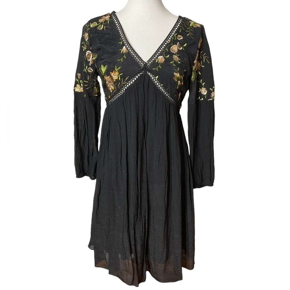 J Gee Black Floral Embroidered V Neck Long Sleeve Dress Size Small